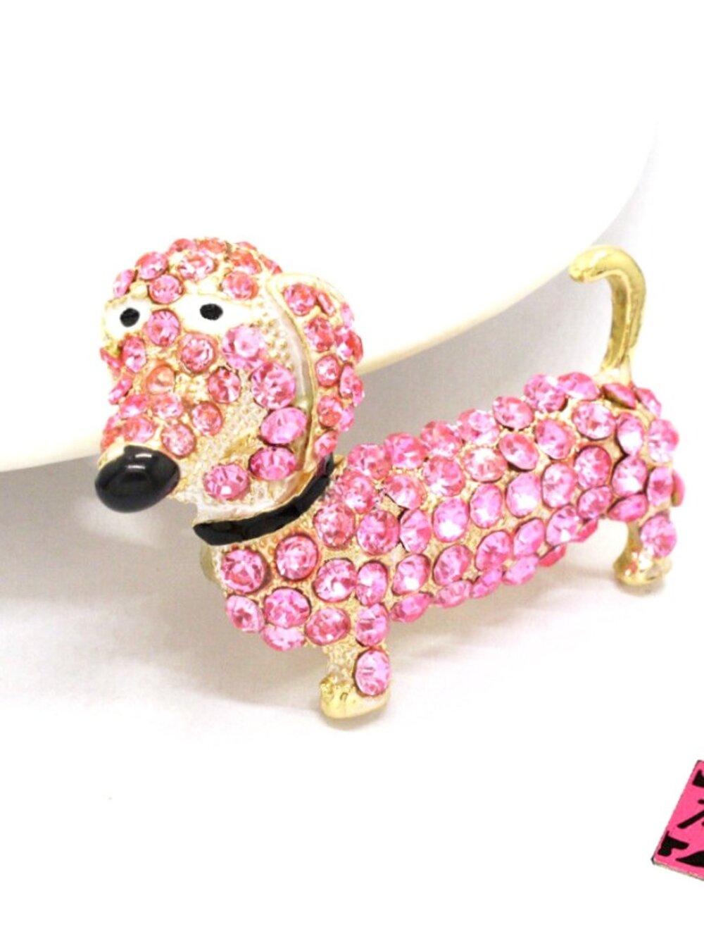 Betsey Johnson Dachshund Dog Brooch / Pendant Pink Rhinestones Gold Plate NWT - Picture 2 of 3
